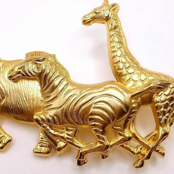 Premier Designs Brooch Safari Animals Elephant Zebra Giraffe Gold Tone VTG Pin - Picture 3 of 10